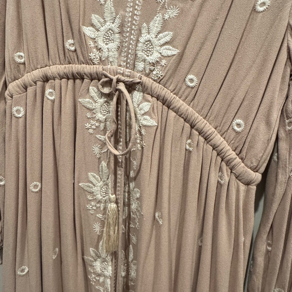 Beige Embroidered V-Neck Dress - Picture 4 of 4
